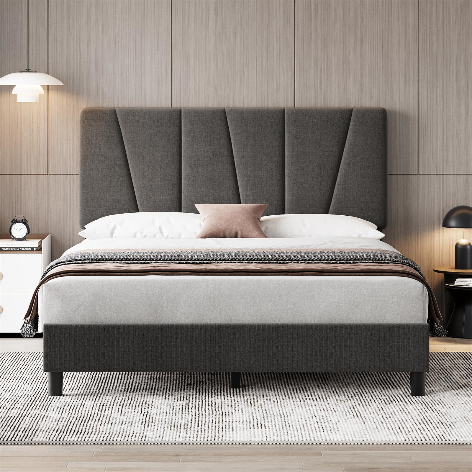 ⏯3️⃣Full Bed Frame Linen Upholstered Platform Bed w/Adjustable Diagonal Wooden S