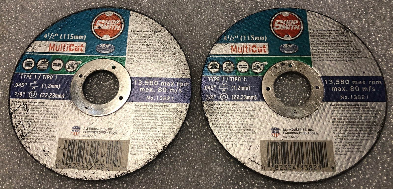 (Lot Of 2) Multipurpose 4.5 X .045 X 7/8 Cut-Off Wheel,No 13821,  Ali Industries