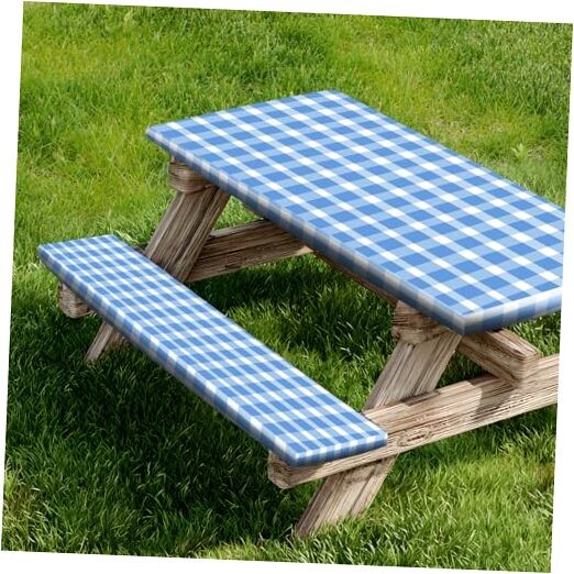 Picnic Table Cover and Bench Covers, Fitted Tablecloth 96 Inches Blue & White