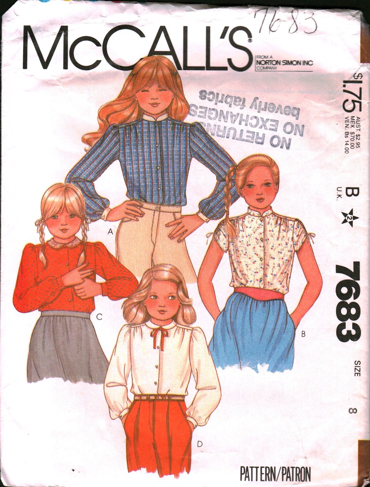 7683 Vintage McCalls SEWING Pattern Girls 1980s Buttoned Blouse Top Shirt 8 OOP