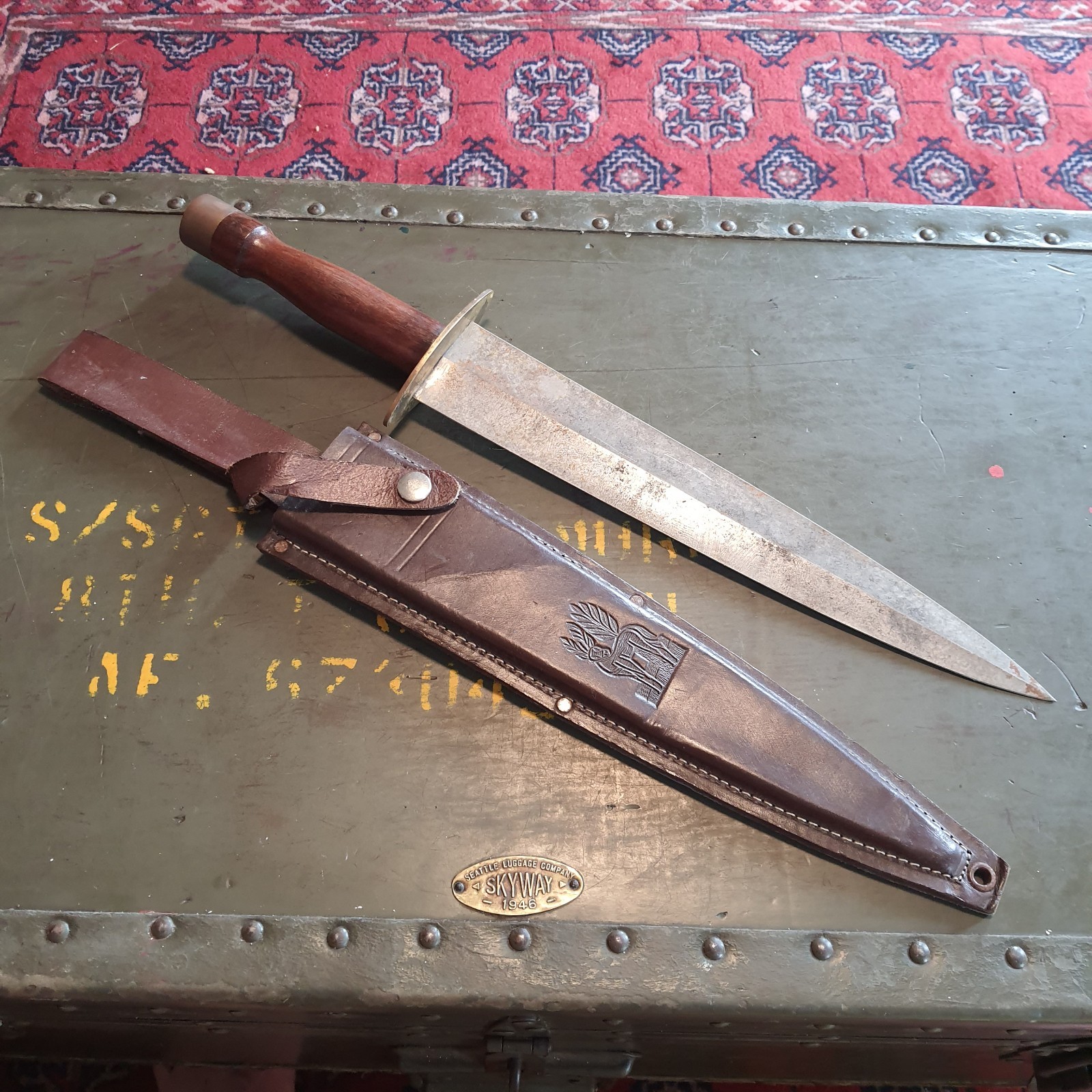 Antique Vintage Walnut Handle Leather Sheath Pakistan Stainles Dagger Knife 19"