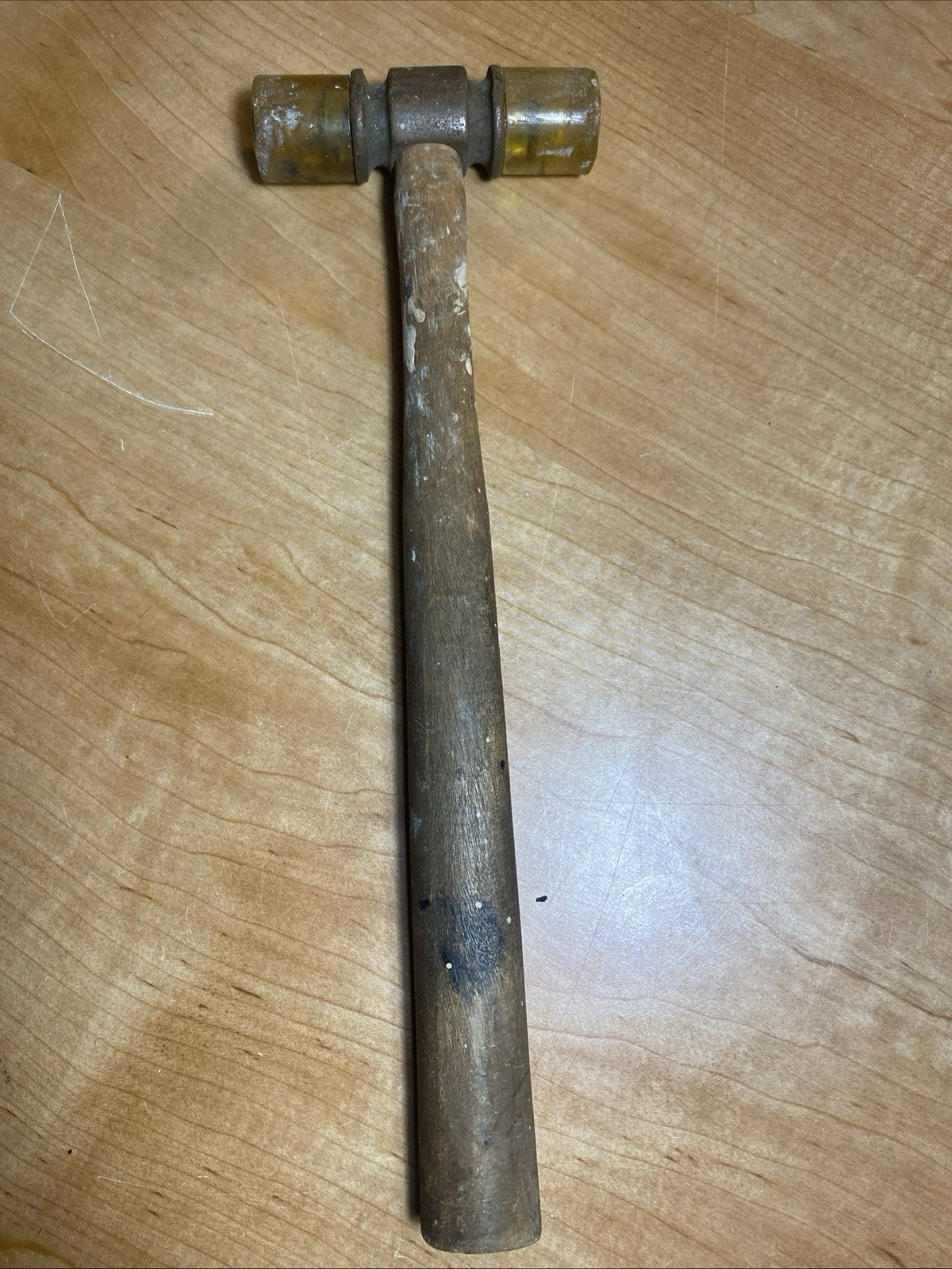 VINTAGE 11" DOUBLE HEADED HARD PLASTIC TIPPED MALLET with Wood handle