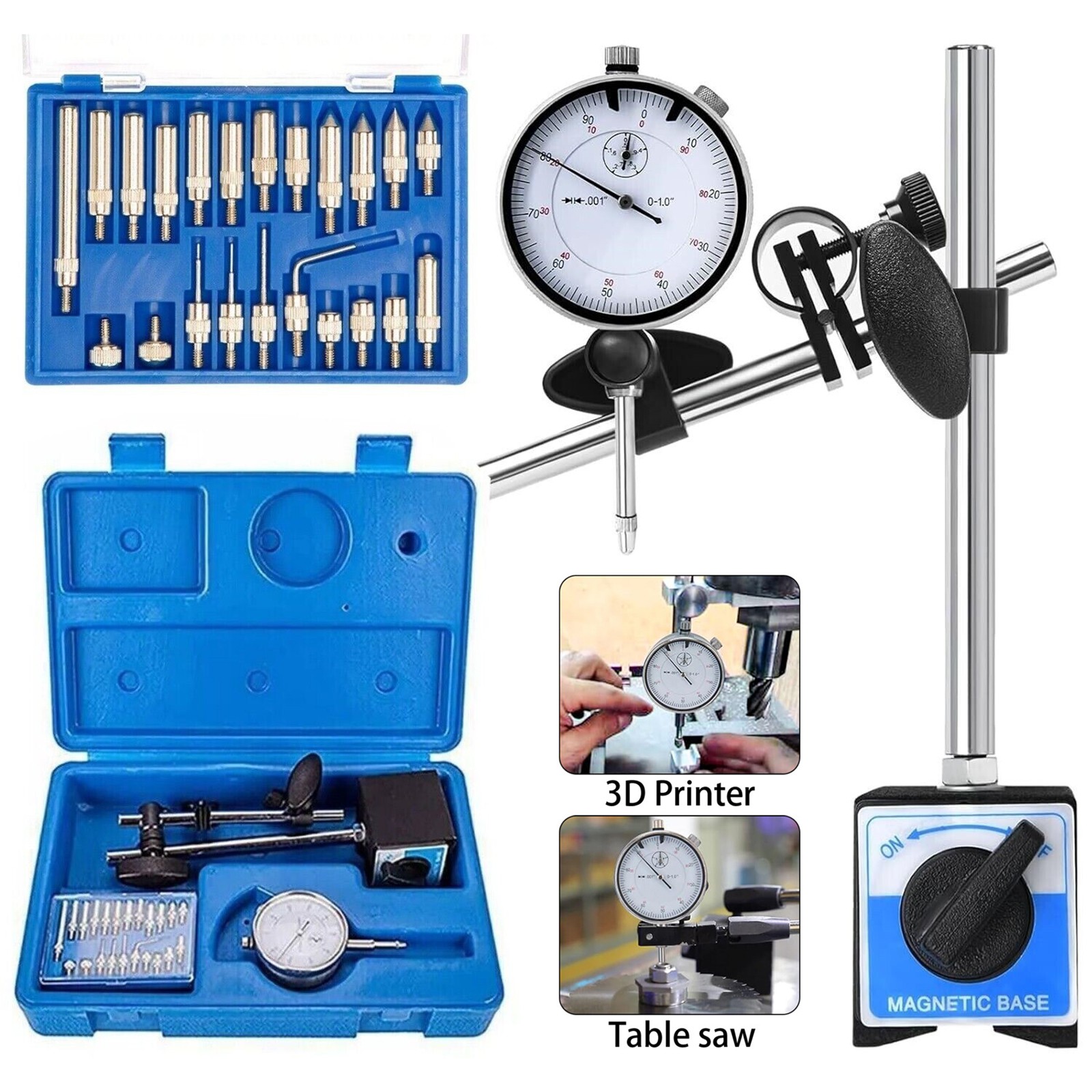 Dial Indicator with Magnetic Base 0.001"Precision Gauge Test Indicator Point Set