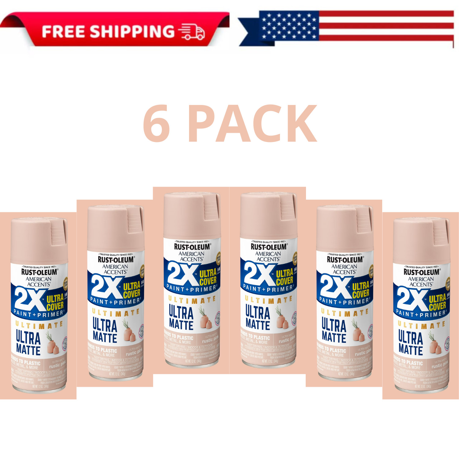 Rust-Oleum American Accents 2X Ultra Matte Spray Paint Rustic Pink 12oz,  6 PACK