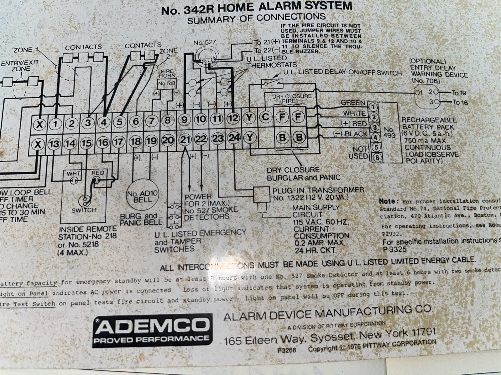 Ademco No 342R Home Alarm System Summary Of Connections Sheet