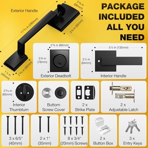 Front Door Lock Set, Front Door Handle and Deadbolt Set, Single Matte Black
