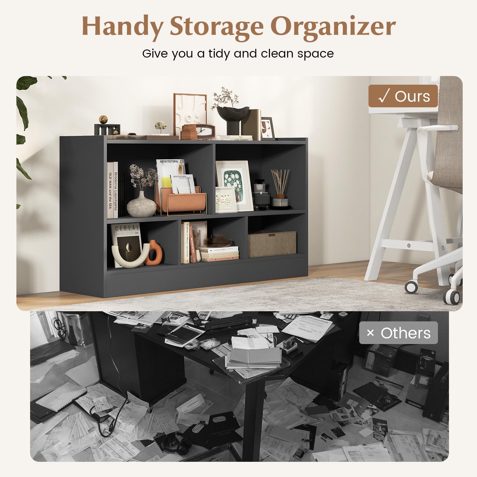 5-Cube Bookcase, Freestanding 3-Tier Bookshelf with Spacious Top & Raised Bas...