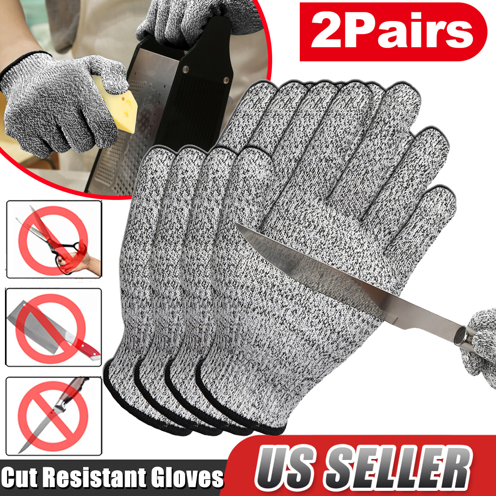 2 Pairs Safety Cut Proof Stab Resistant Butcher Gloves Stainless Steel Wire L5