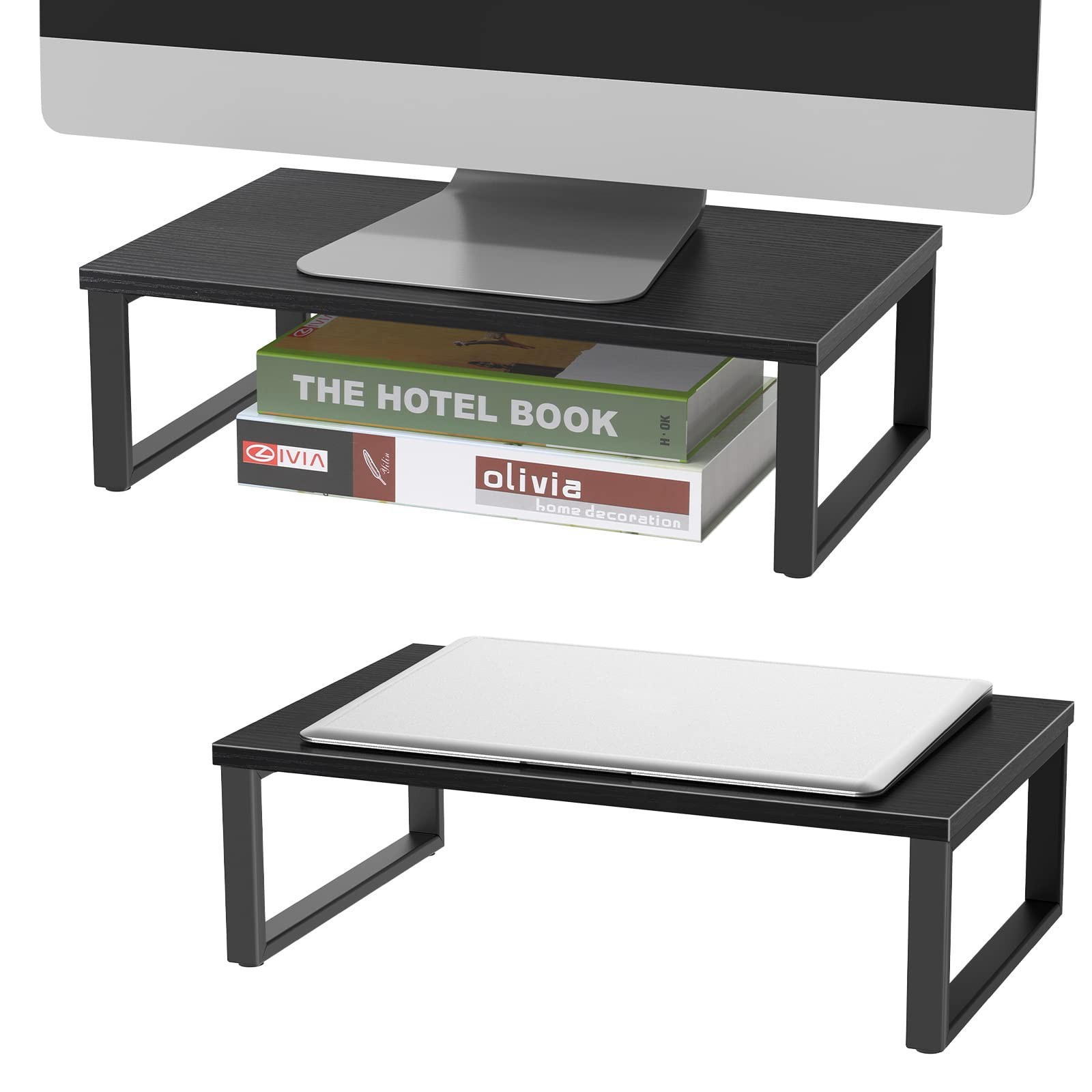 NORCEESAN 2 Pack Monitor Stand Riser Wood Desk Shelf with Storage, Black