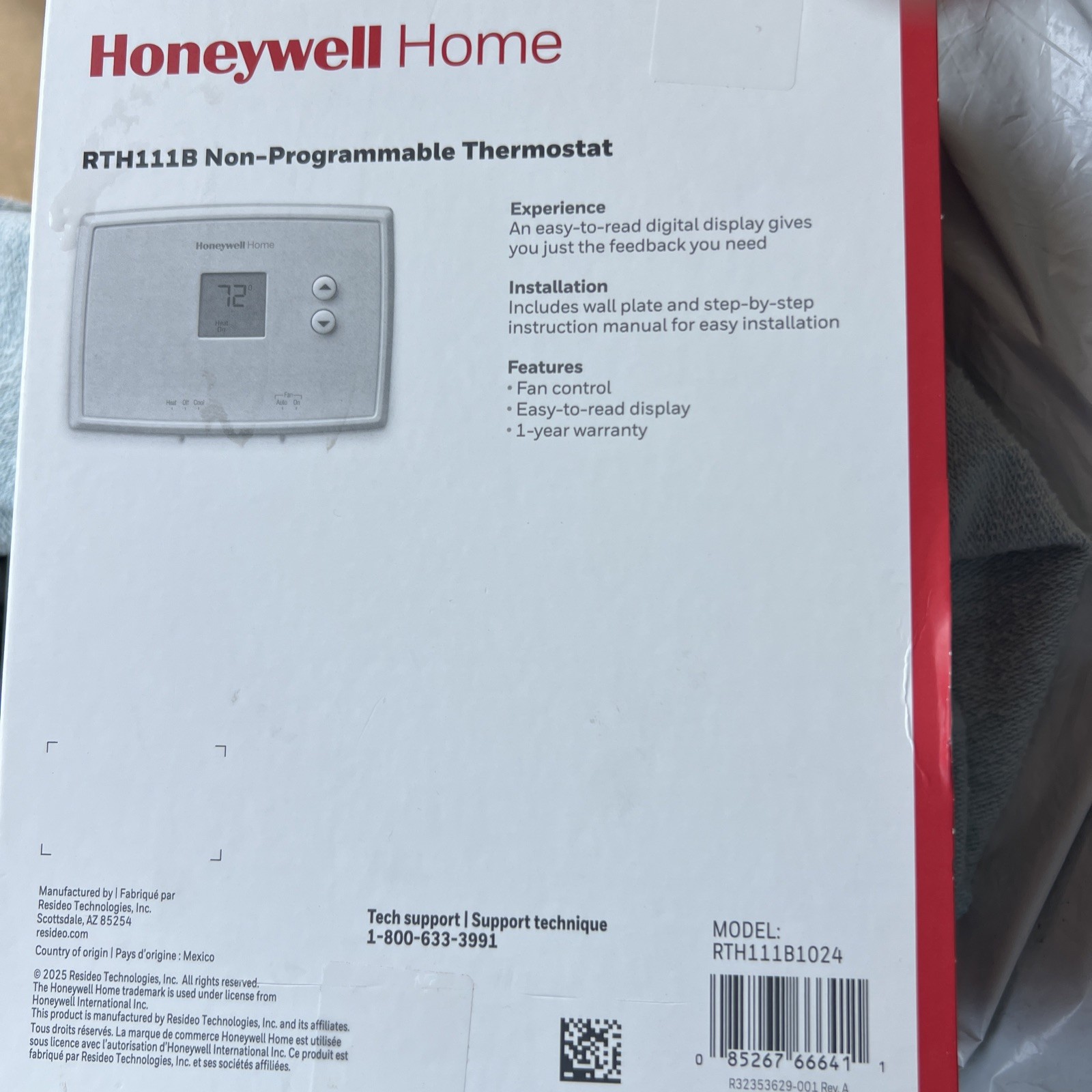 Honeywell Thermostat Home Digital Display Non-Programmable Heat Cool RTH111B