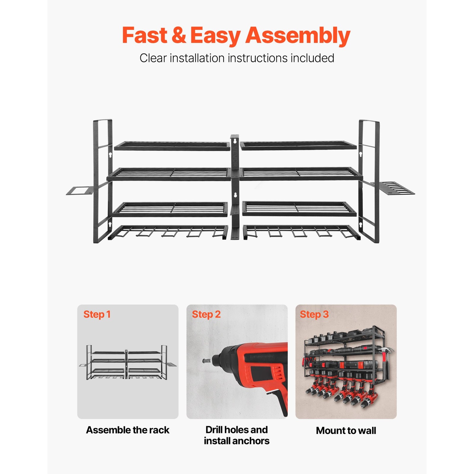 Power Tool Organizer Wall Mount, 4-Layer Storage Rack with 8 Drill Holders