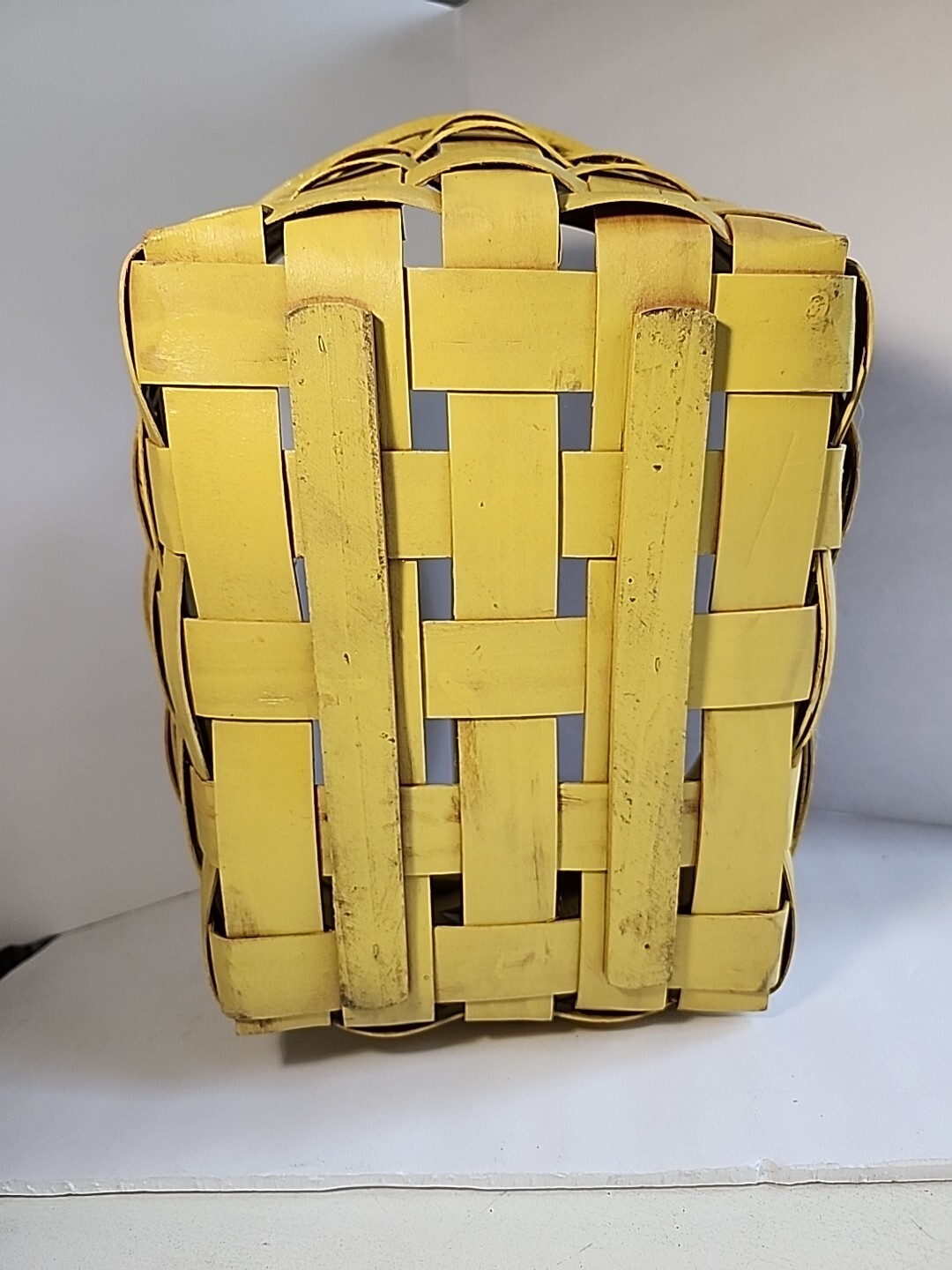 Vtg YELLOW Wood Market Basket & Handle 13 x10.25” Sturdy Gathering Garden -