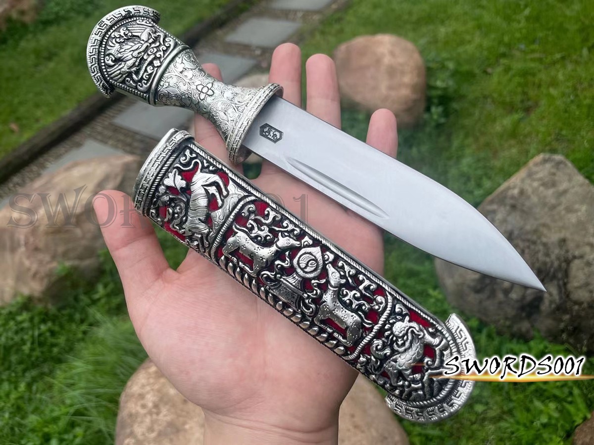 9'' Self-defense Silver-plated Engraved Sword Short Carbon Steel Tanto Knife