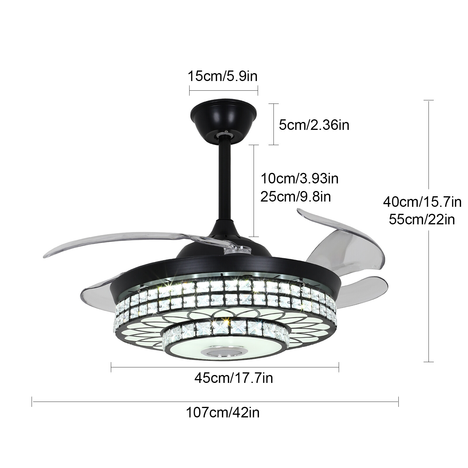 42" Crystal Ceiling Fan Light Bluetooth Speaker 7Color Change Ceiling Chandelier