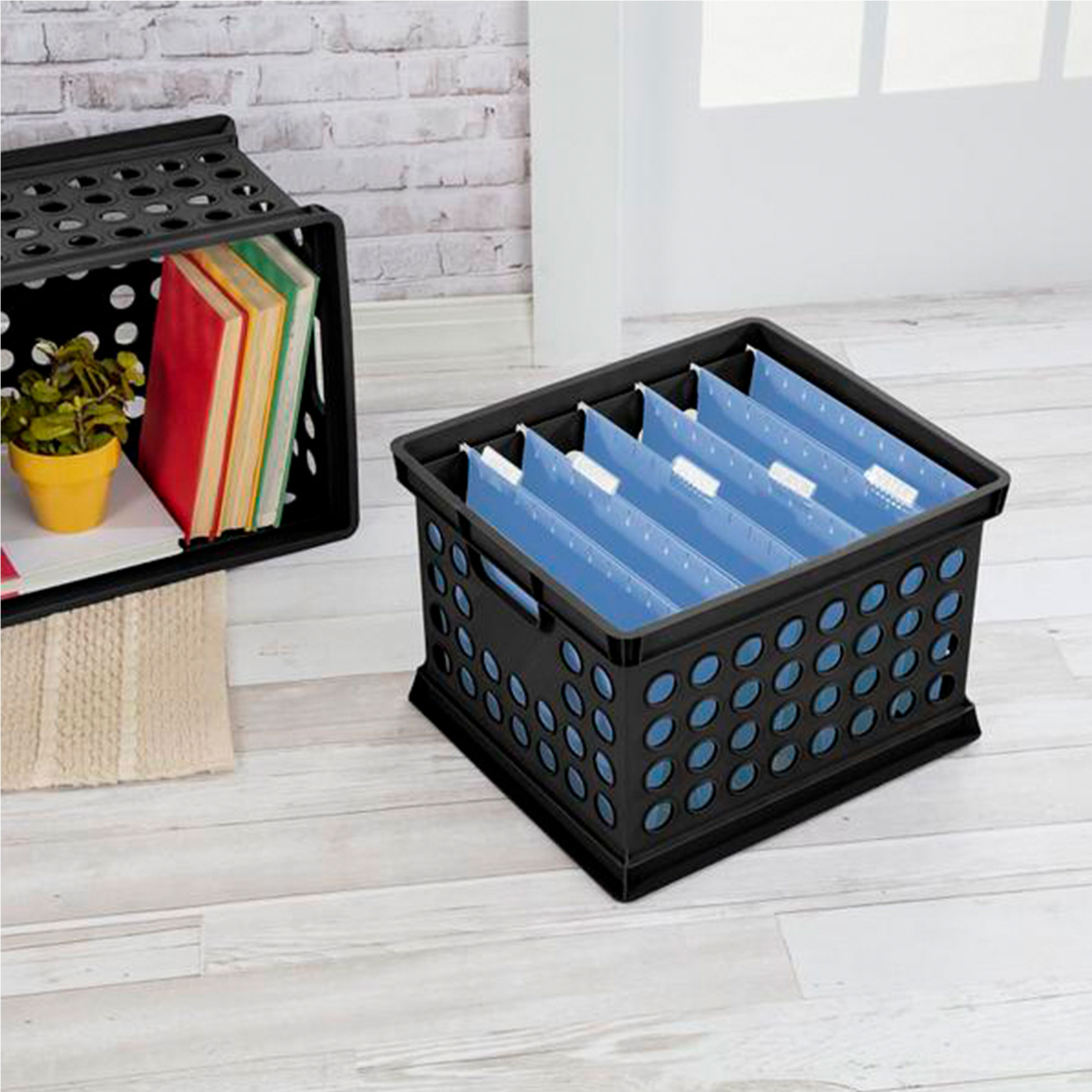 Sterilite Stackable Plastic Storage Open Crate Bin Organizer Box, Black (6 Pack)