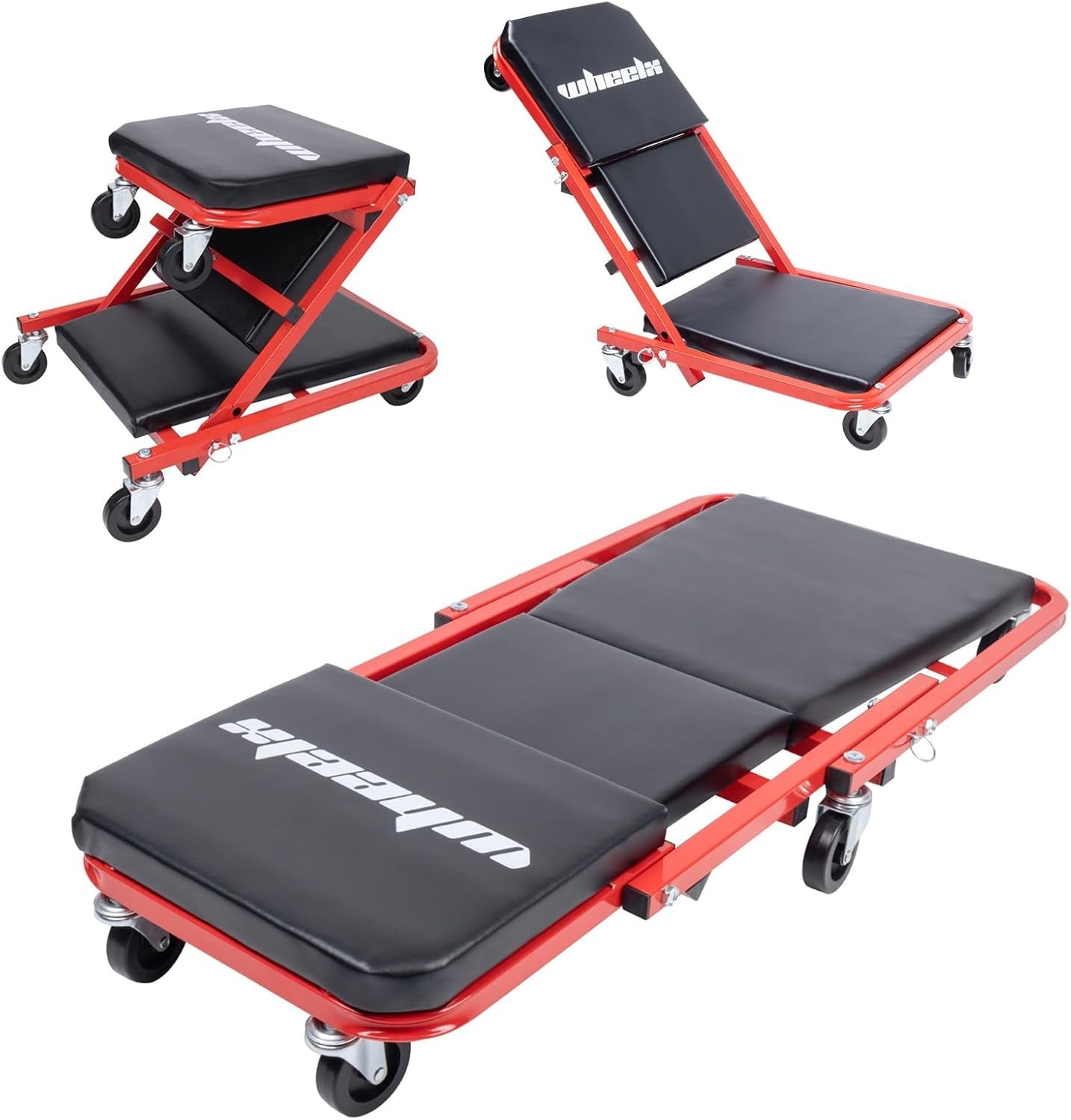 36" 3-in-1 Z Seat 340lb Foldable Garage Rolling Creeper 6-Wheel Red Frame