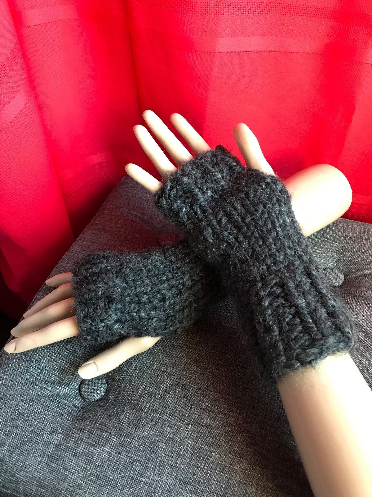 Chunky Hand Knit Unisex Charcoal Gray Handmade Hand Knitted Finger Less Gloves
