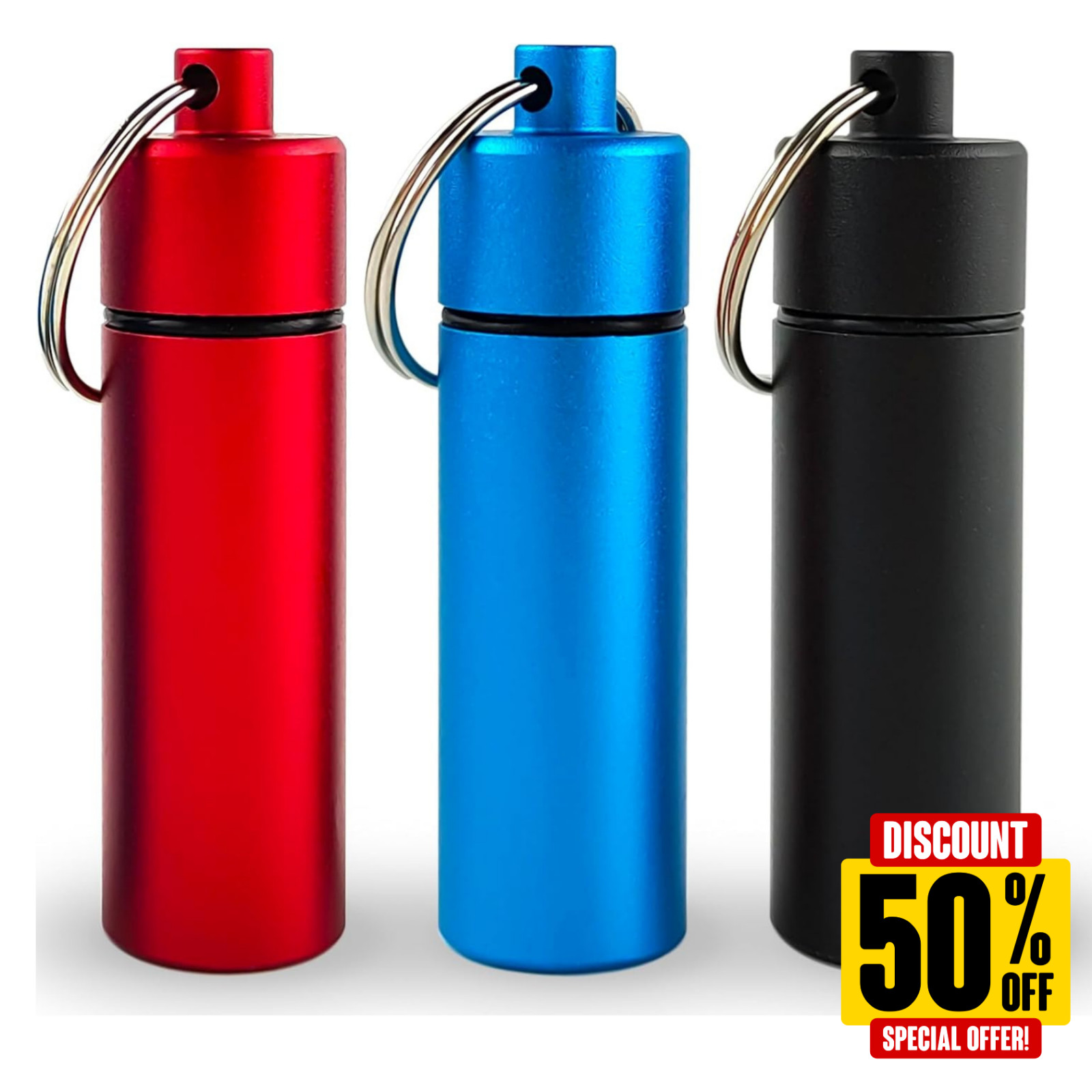 Keychain Medicine Pill Box Case Bottle Holder Waterproof Metal Container 3 Pcs