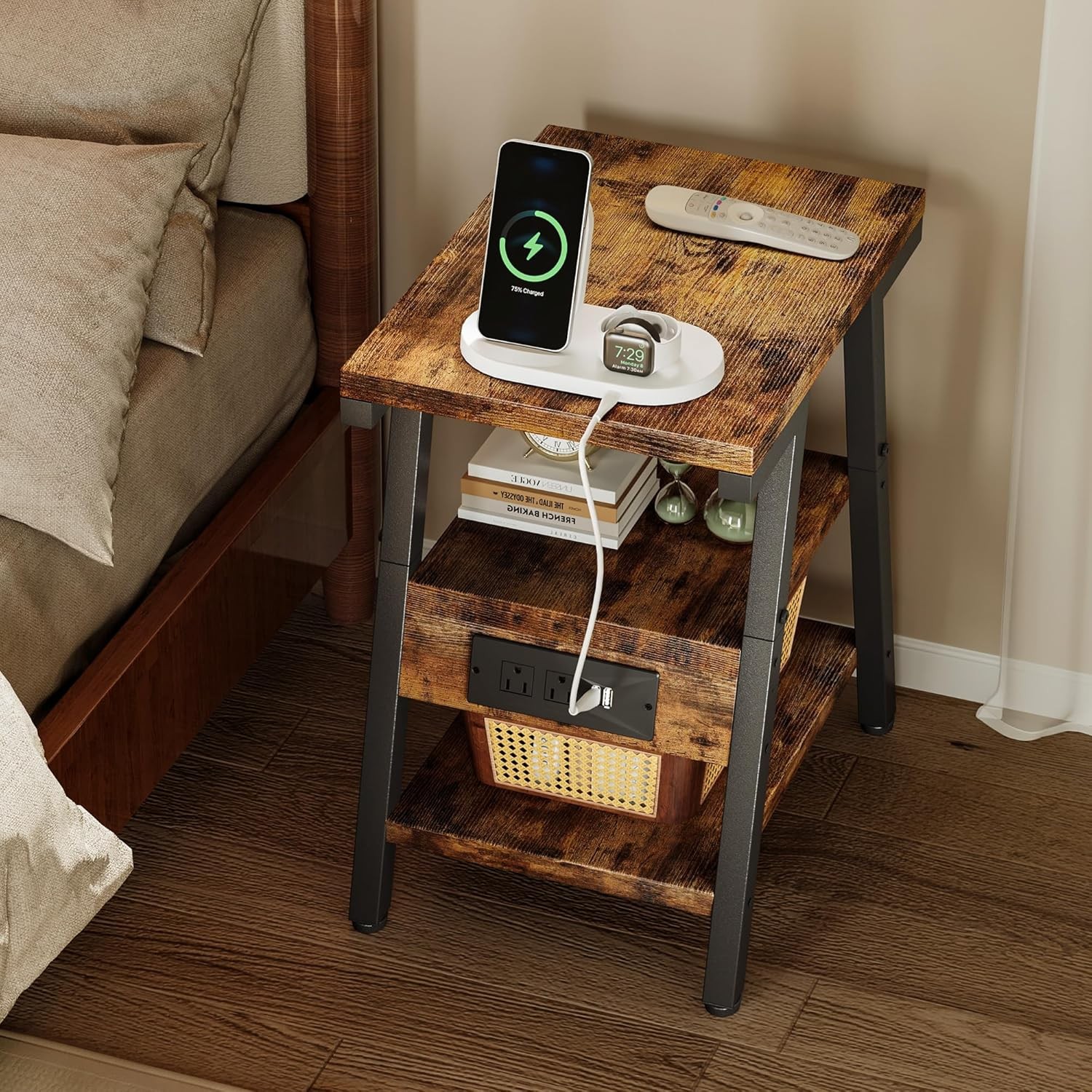 End Table with Charging Station, Small Side Tables Lucky 7 Rustic Brown