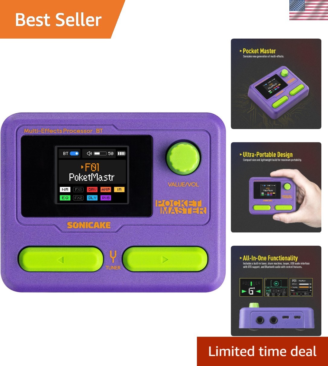 Pocket Master-Portable Multi Effects Pedal, 100+ Built-in Guitar/Bass/Acousti...