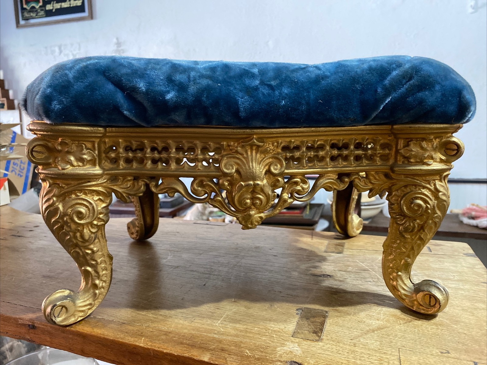 Antique/Vintage Victorian Gold Tone Cast Iron Footstool With Blue Velvet Top