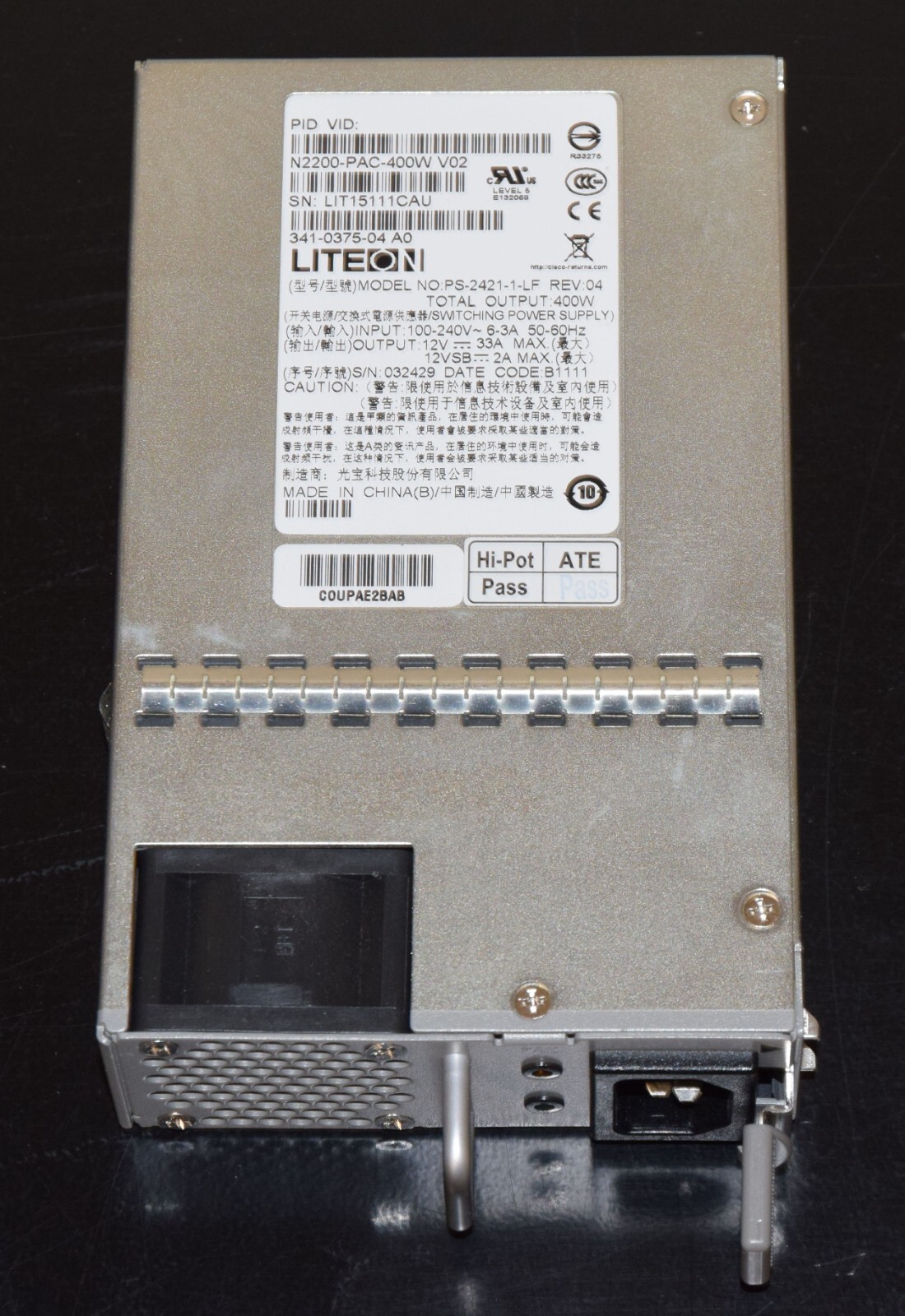 N2200-PAC-400W 341-0375-04 400W Power Supply for Cisco Nexus N2K-C2248TP-1GE