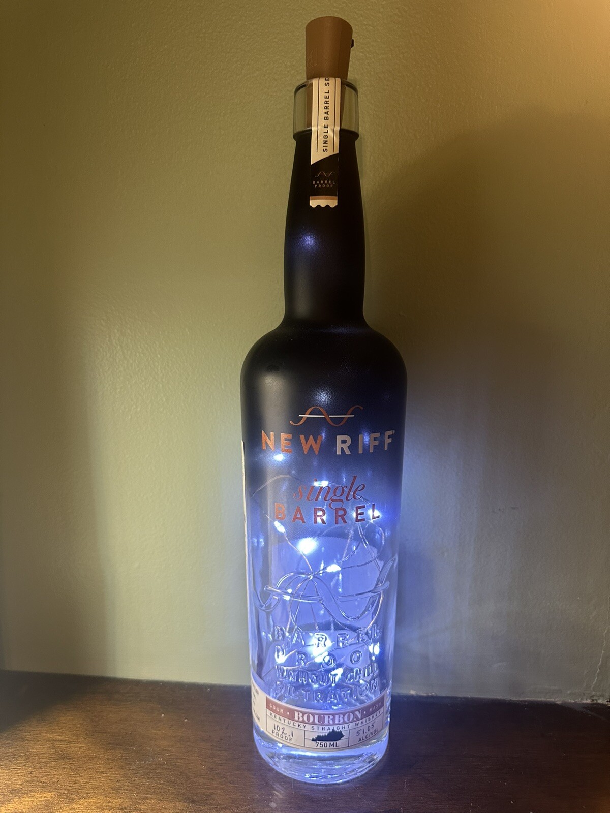 Empty NEW RIFF Bourbon Whiskey 750ML Bottle w. LED Lights & cork stopper