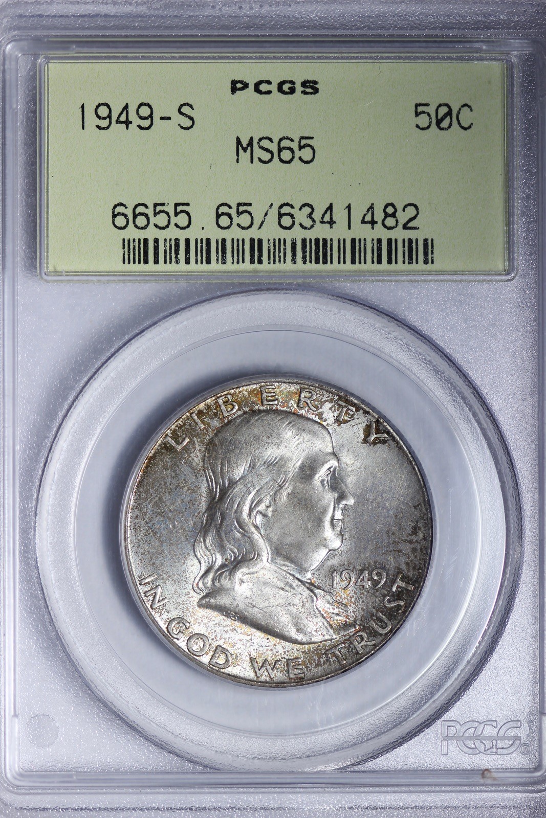 GEM BU 1949-S Franklin Half Dollar PCGS MS65 OGH Toned WTLM