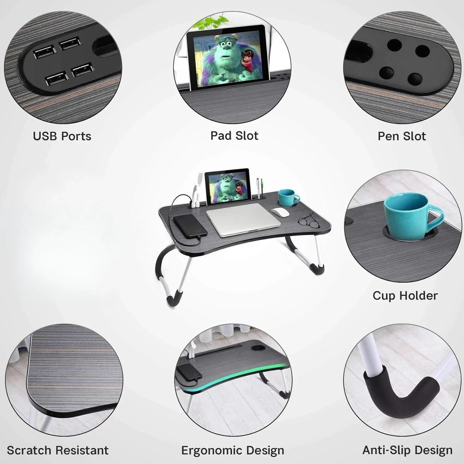 Laptop Tray Lap Desk Stand Foldable Bed Table Notebook Tray Cup Slot Adjustable