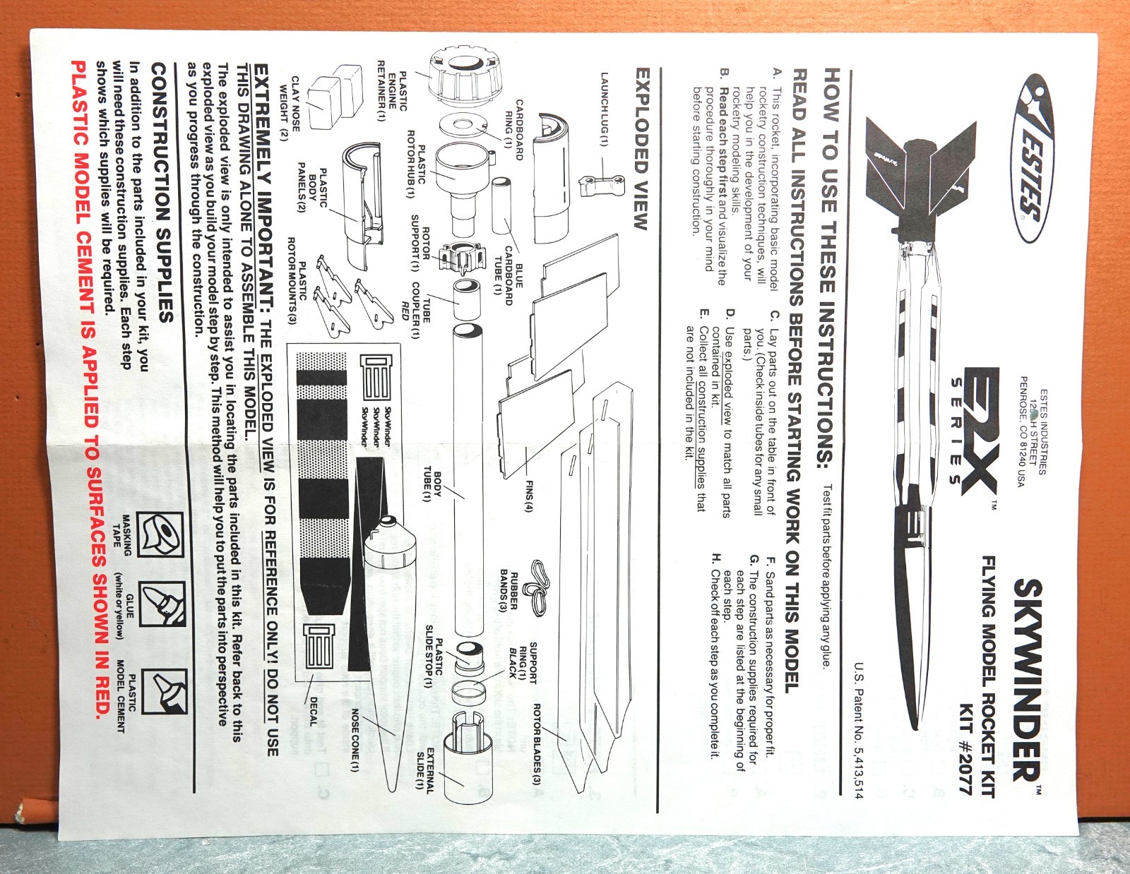 ESTES SKYWINDER MODEL ROCKET # 2077 (INSTRUCTIONS ONLY)