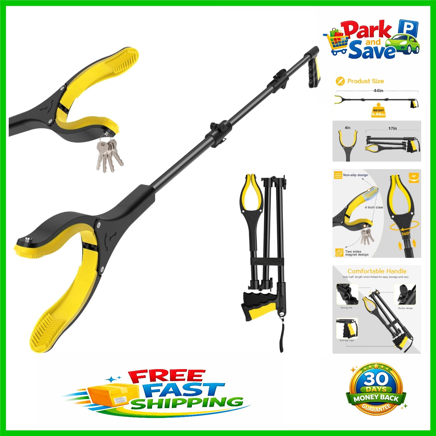 44 Inch Extra Long Grabber Tool - Magnetic Tips with 360° Rotating Jaw for Easy