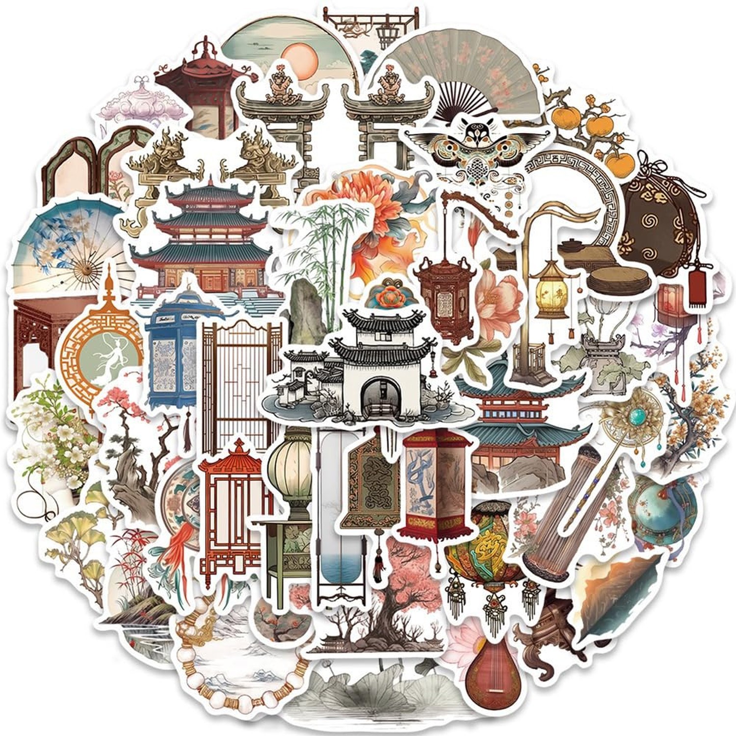50Pcs Ancient Chinese Culture Architecture Waterproof Vinyl Stickers | Remova...