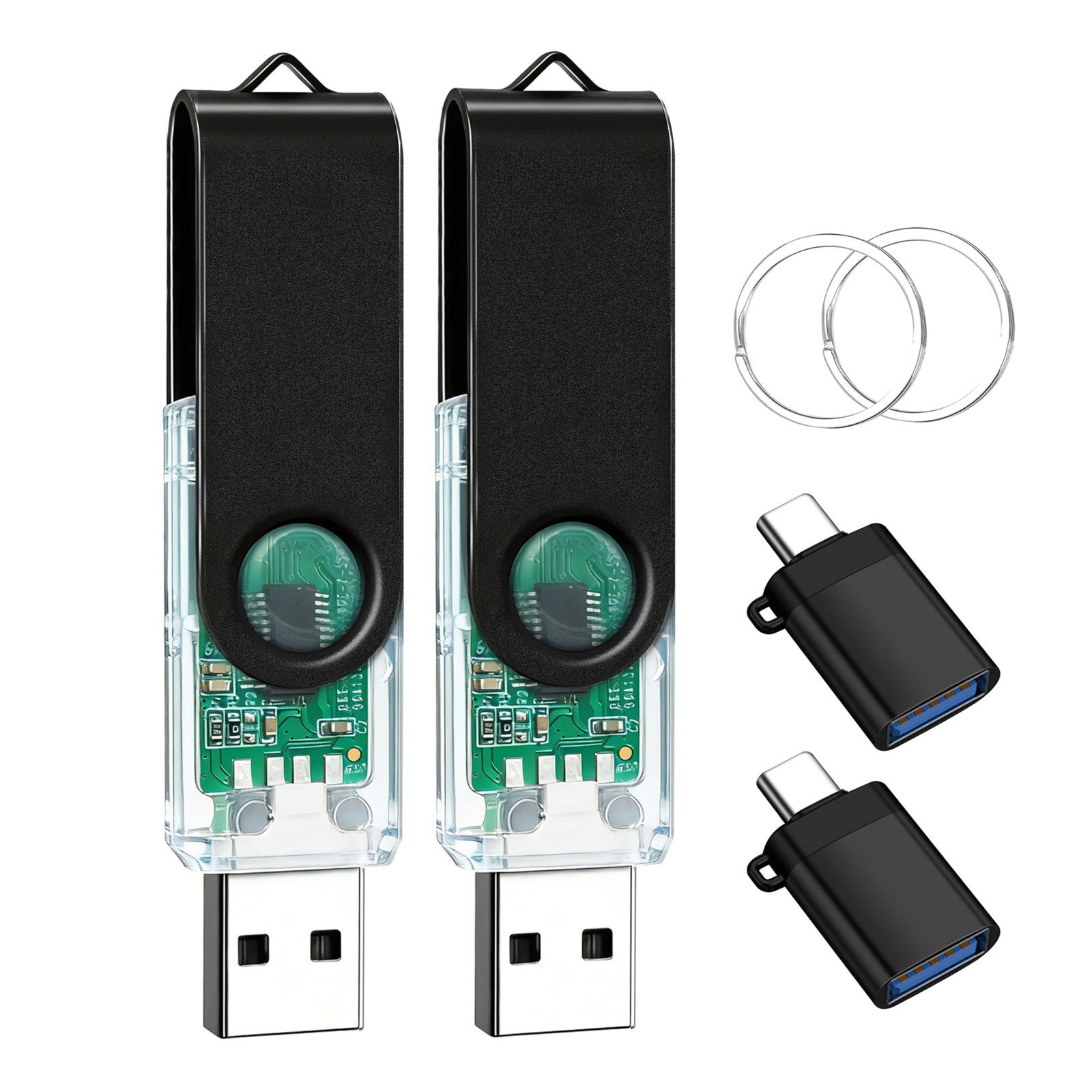 2Packs of 32GB USB2.0 Flash Drives with 2 Type C Adapters and Keychains