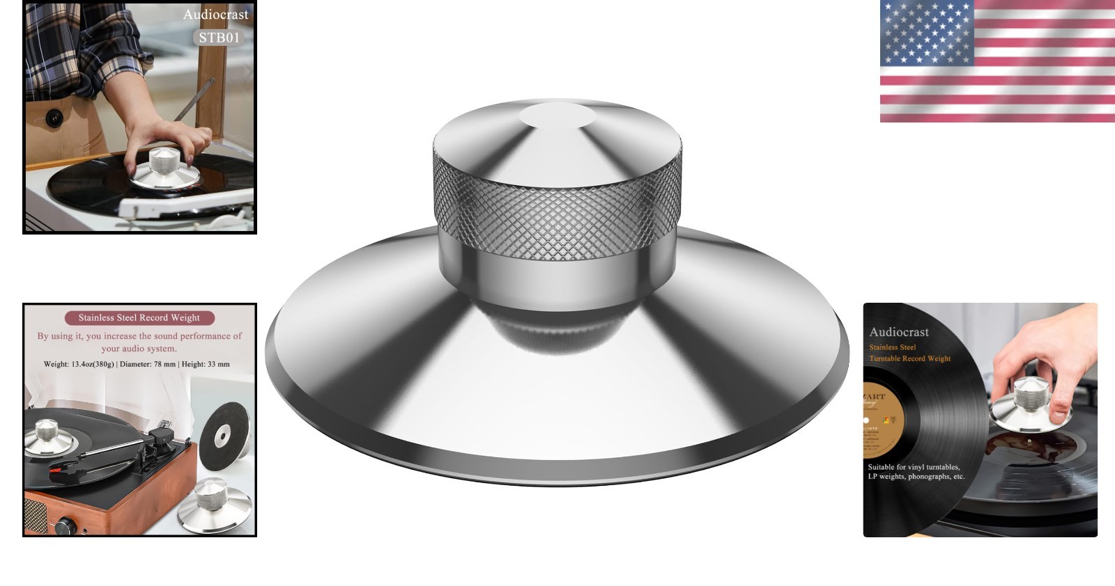 HiFi Silver Turntable Clamp: 390g Non-Magnetic Record Weight with Soft Pad