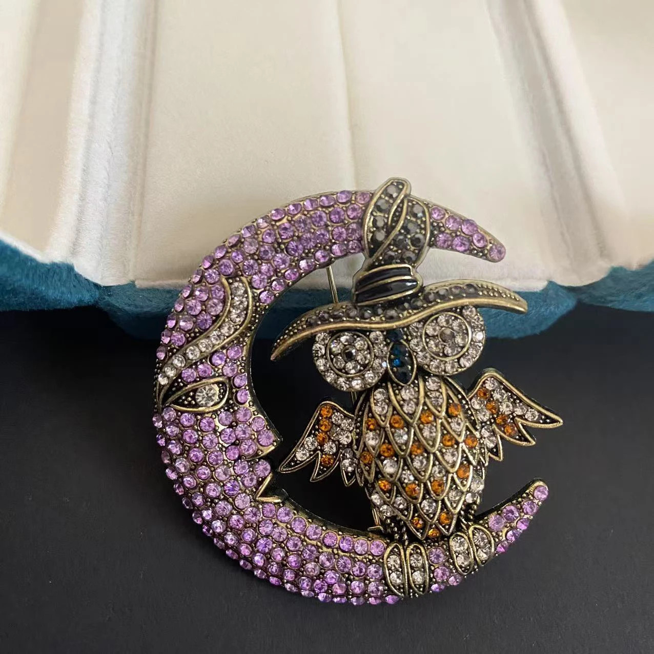 Vintage Moon Owl Brooch Halloween Animal Corsage Pin Blazer Accessory Jewelry