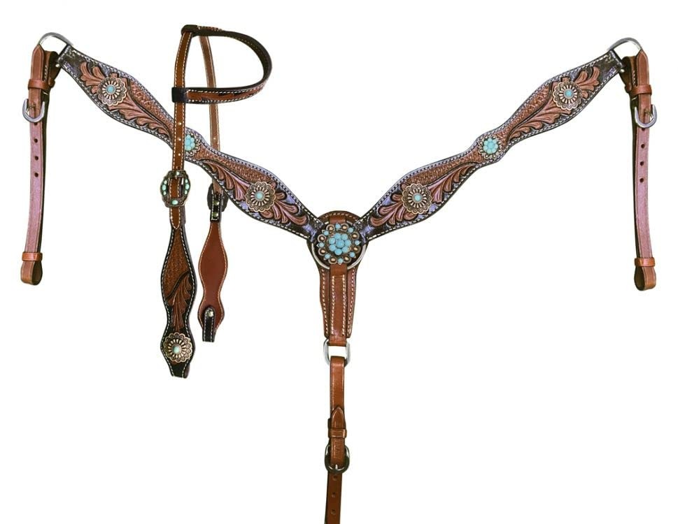 Showman Two-Tone Single Ear Tooled Leather Headstall & Breast Collar Set