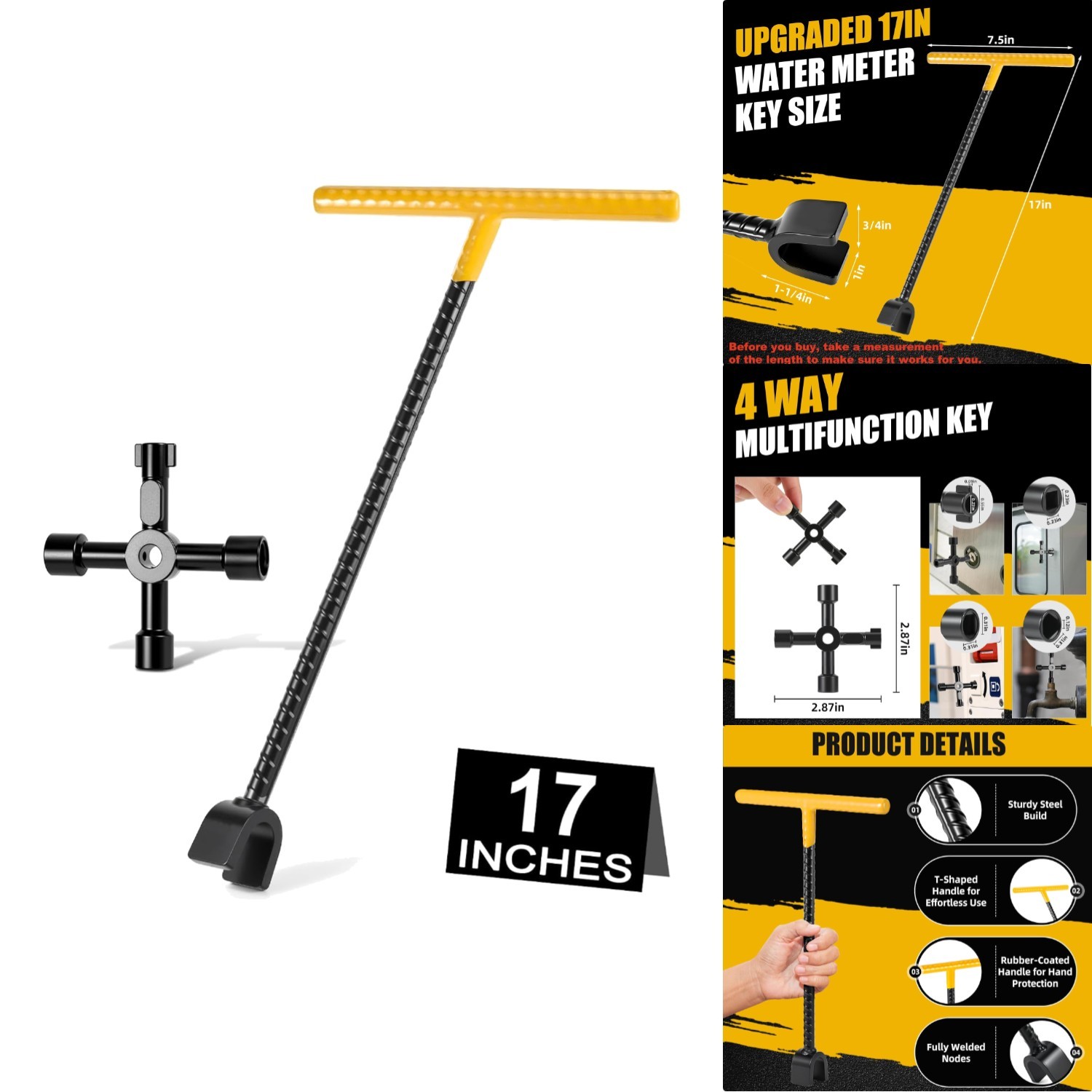 17" Water Meter Key & 4-Way Utility Wrench Tool - Curb Main Shut Off Valve Steel