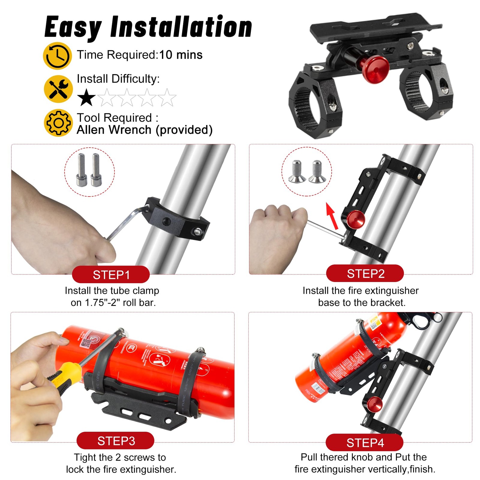 UTV Fire Extinguisher Mount Kit- Quick Release Roll Bar Black 1