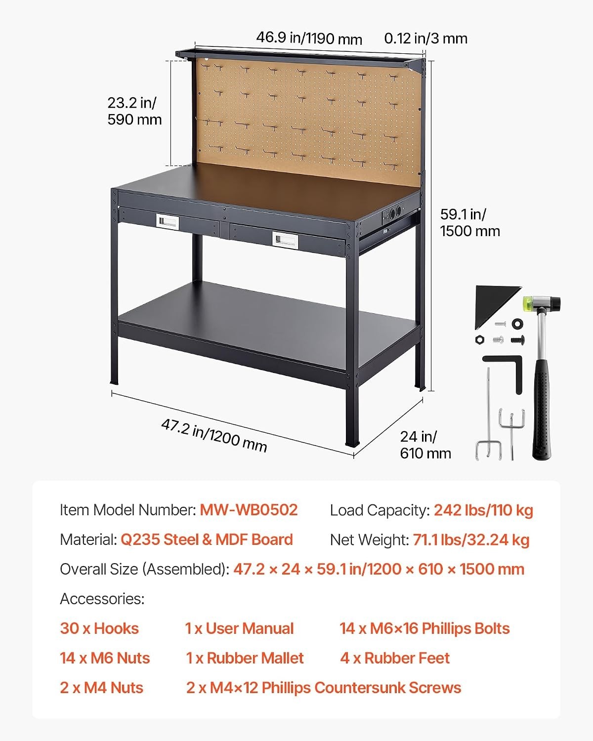 Robust 47.2-Inch Workbench with Drawers, AC Outlets & USB for Enhanced Workspace
