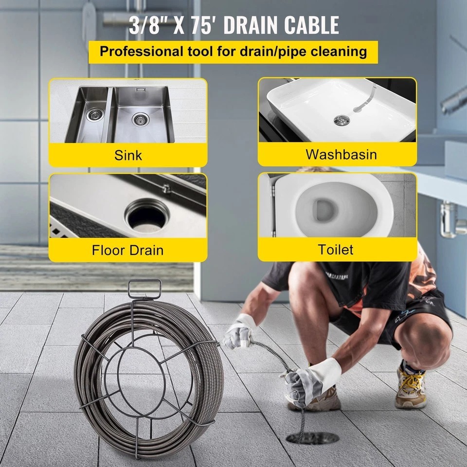 Drain Auger Cable 75ft 3/8" Drain Cleaning Cable Snake Sewer Pipe Cleaner