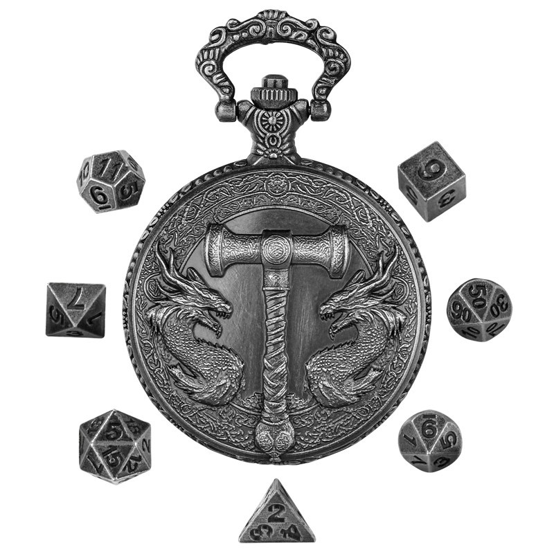 7pcs Mini Solid Metal Polyhedral Dice Set for RPG in Dragon Pocket Watch Case