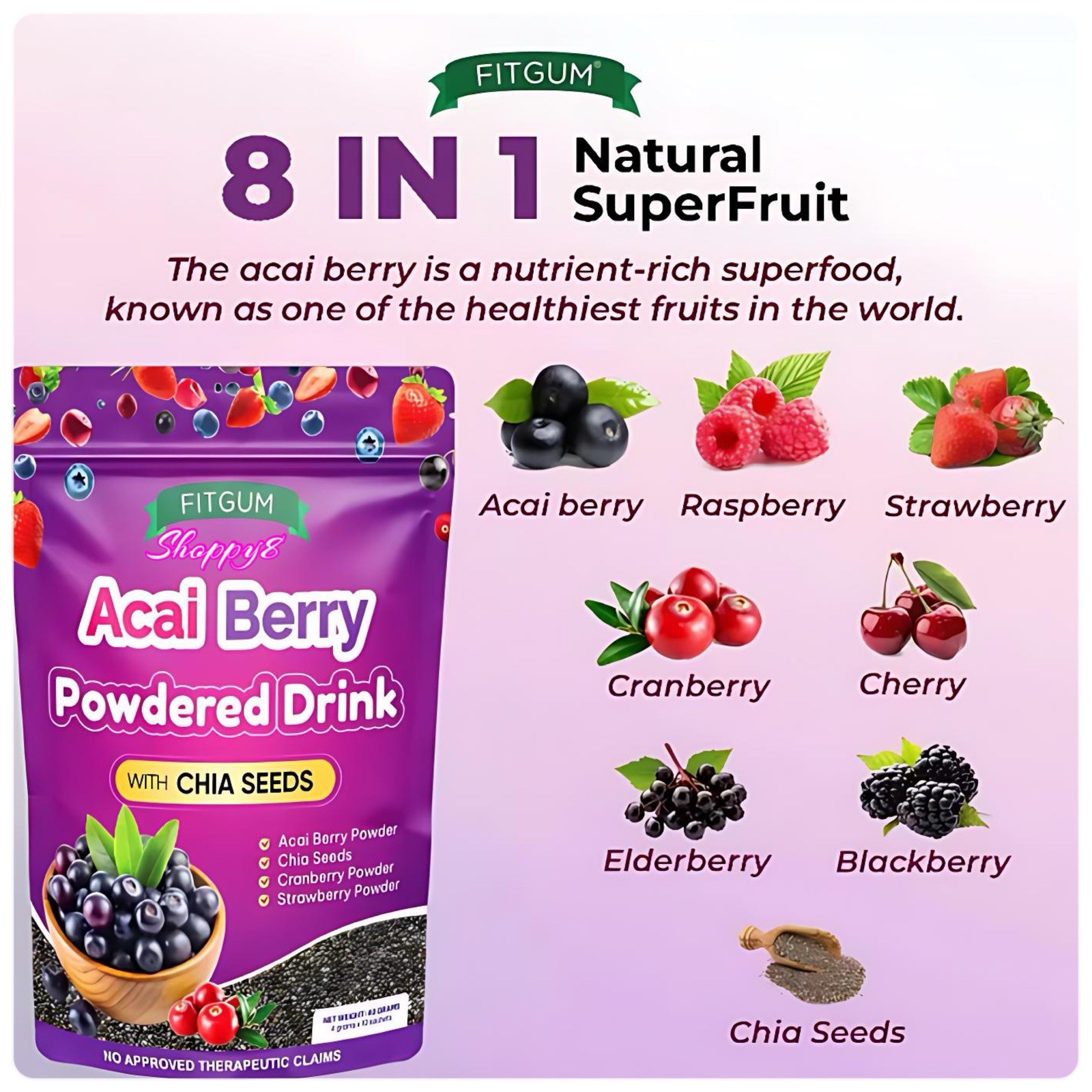 FITGUM Acai Berry Drink Powder with Chia Seeds 10 Sachets Daily Beverage