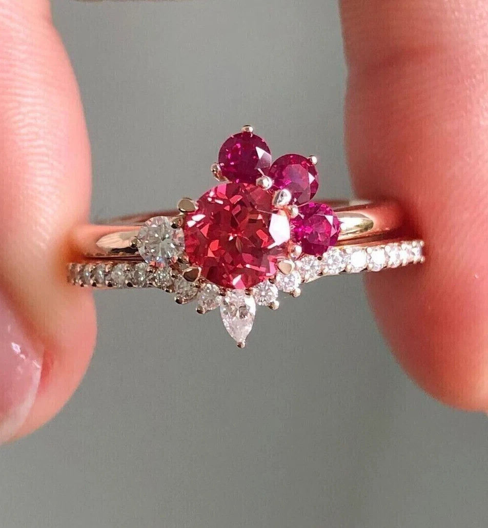 Women's Lab Created Ruby Classic Wedding Bridal Set Ring 14k White Gold Plated