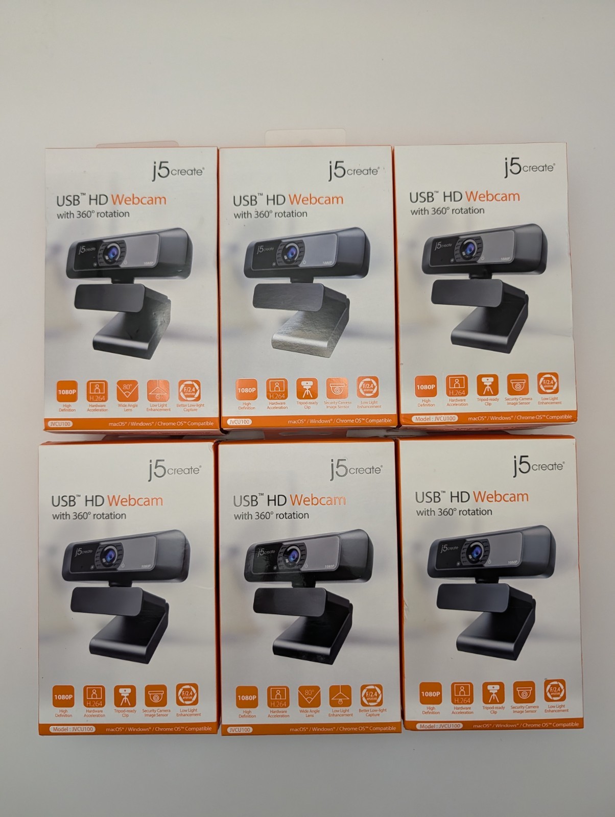 Lot of 6, j5create JVCU100 New & Sealed USB HD Webcams with 360° Rotation -Black