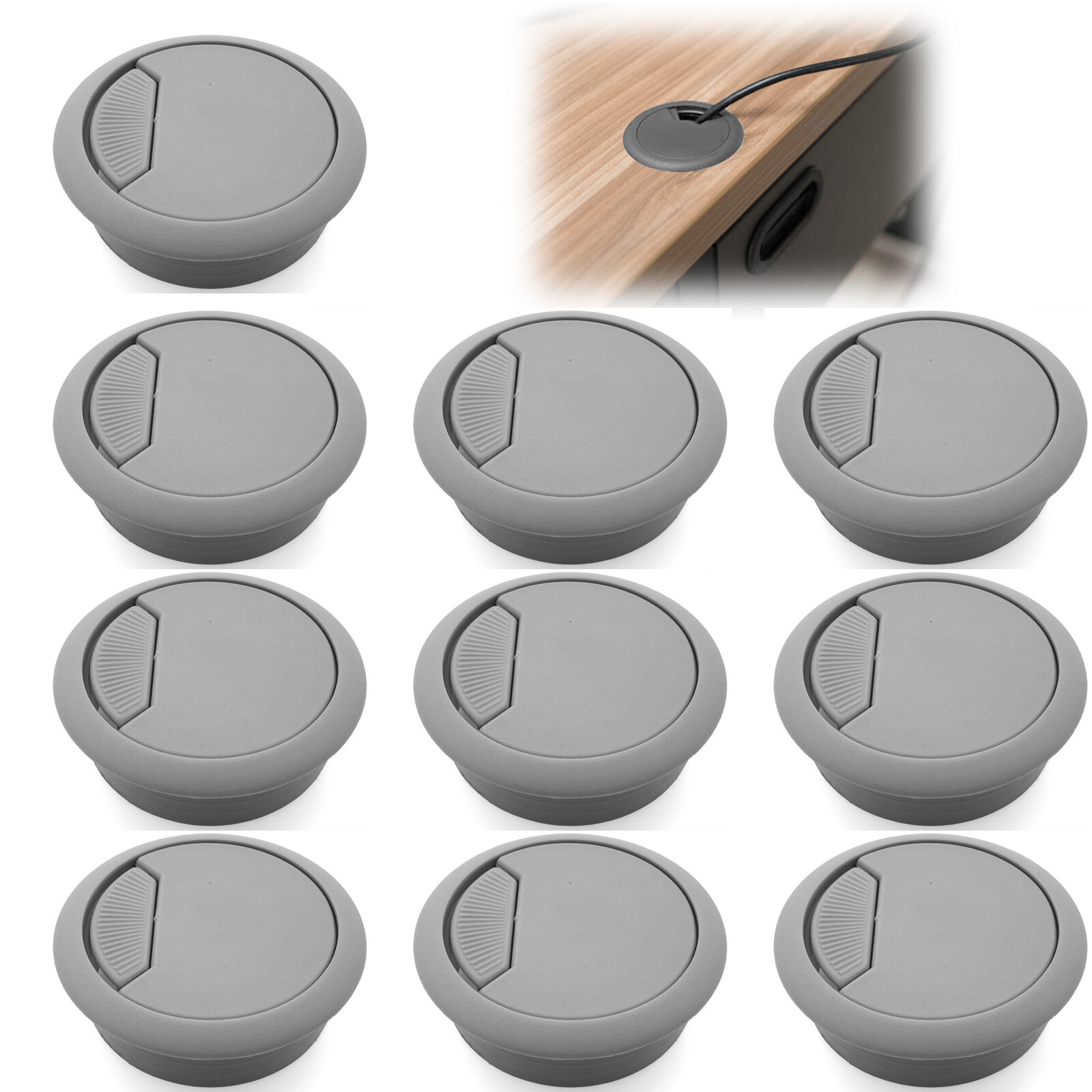 10pcs 2-3/8" Gray PC Computer Cord Cable Wire Organizer Hole Cover Desk Grommet