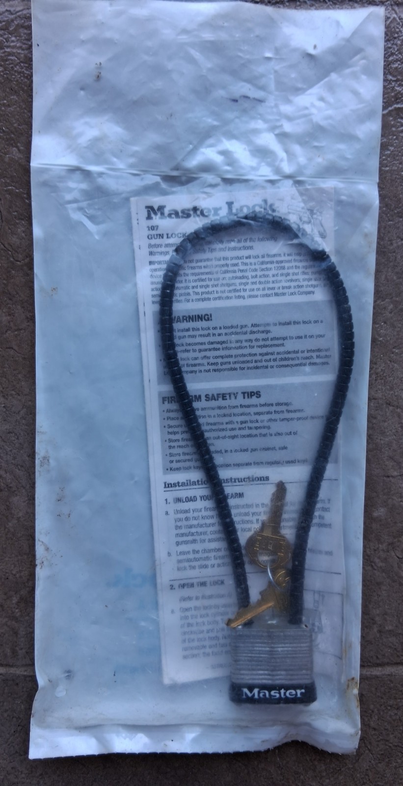 BRAND NEW MASTER LOCK CABLE GUN LOCK 107 2 KEYS SEALED 0300-05157 BRAIDED STEEL