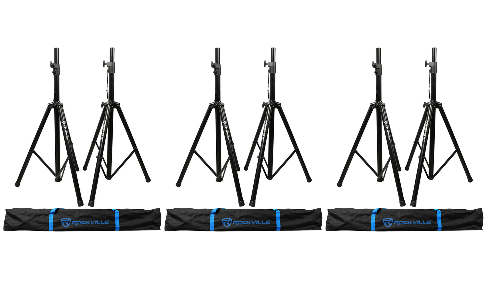 (3) Pairs Rockville Tripod DJ PA Speaker Stands+Carrying Cases - 6 Stands Total
