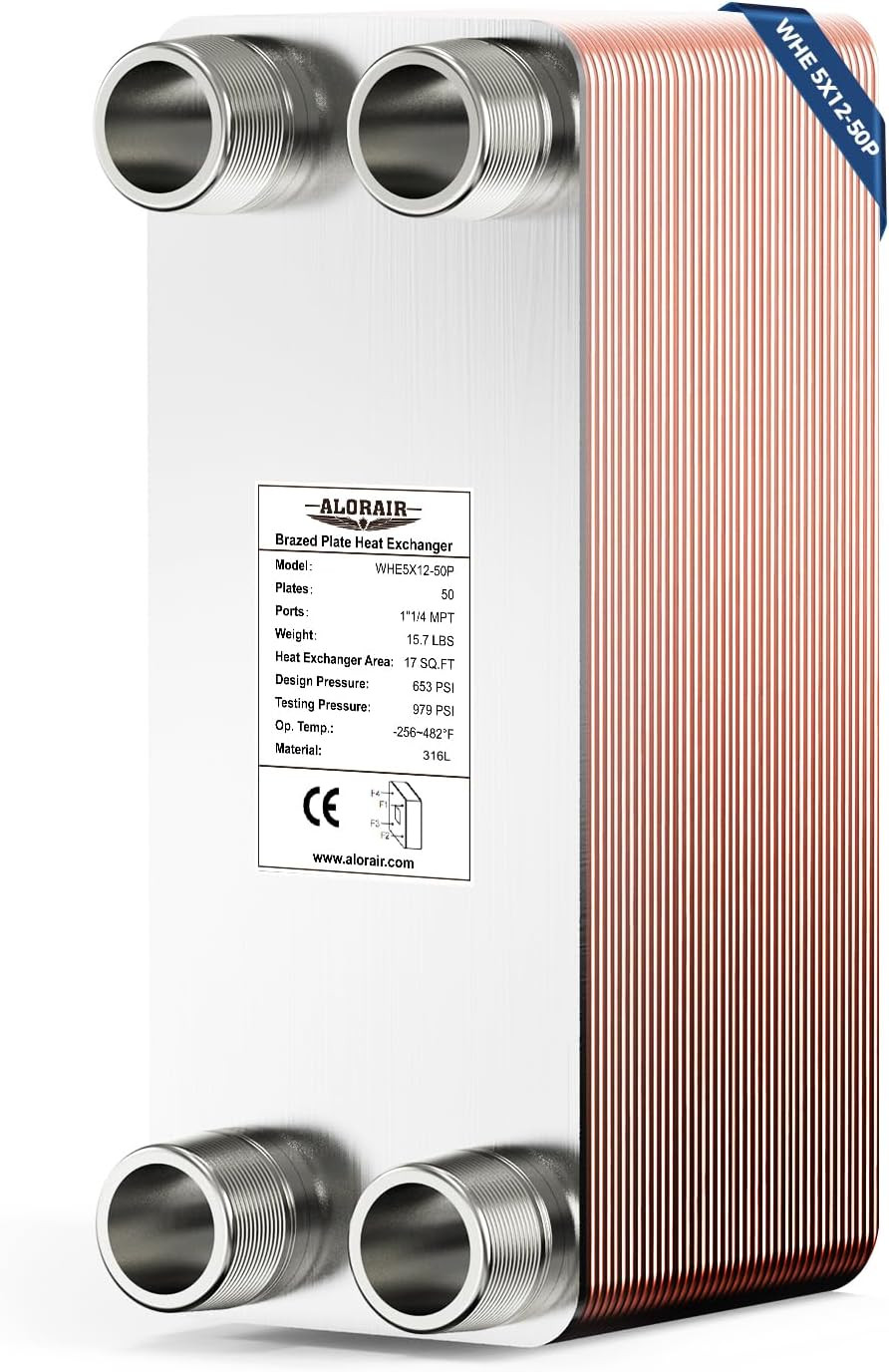 5"X12" 50 Plates Heat Exchanger with 1-1/4" MPT Port,316L Stainless Steel Water