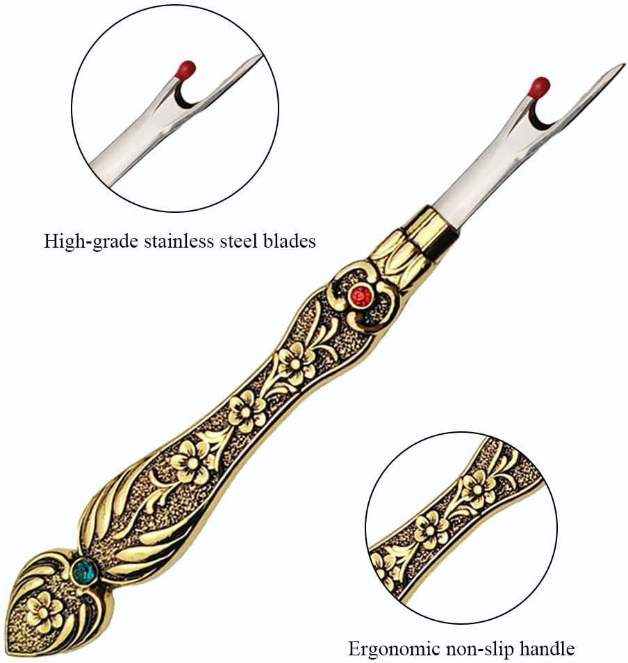 Metal Seam Ripper with Classical Engraved Pattern - Ergonomic Non-Slip Handle Se