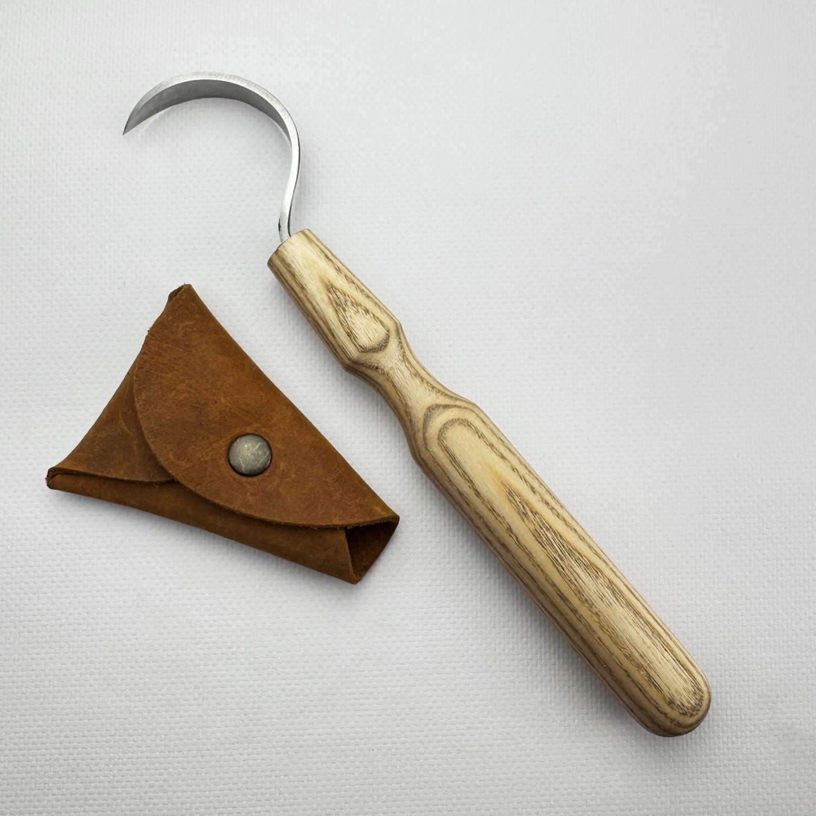 Long Hook Knife – Hand-Forged 52100 Steel, Ash Handle, Sheath, For Spoon Work